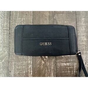 Guess Huntley Large‎ Zip Around Wallet Black Lizard Embossed Faux Leather
